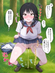 1girl ;d bag black_hair black_socks blue_bag blue_sailor_collar blue_skirt blush bow bow_panties bowlegged_pose breasts breath brown_eyes brown_shoes clothes_lift commentary_request day embarrassed female_pubic_hair forest full_body hair_over_shoulder highres large_breasts lifting_own_clothes loafers long_hair looking_at_viewer motion_lines nature neckerchief no_panties nose_blush one_eye_closed original outdoors panties pee pee_puddle peeing pleated_skirt pubic_hair public_urination raised_inner_eyebrows red_neckerchief sailor_collar sanaan39 school_bag school_uniform serafuku shoes short_sleeves skirt skirt_lift small_sweatdrop smile socks solo sound_effects speech_bubble standing steam steaming_body sweatdrop thighs thought_bubble translated trembling underwear unworn_panties white_panties