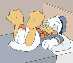 avian balls beak bed bird blueballs_(artist) blush bottomless clothed clothing disney donald_duck duck embarrassed erection flat_colors half-dressed humanoid_penis legs_up looking_at_viewer lying male male_only on_back on_bed open_mouth penis pillow solo