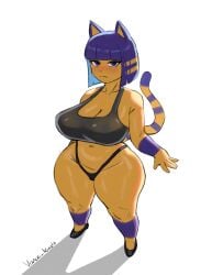 animal_crossing animal_crossing_new_horizons ankha ankha_(animal_crossing) anthro big_ass big_breasts blue_eyes blue_hair cat_ears cat_girl cat_tail catgirl female female_only furry furry_female huge_breasts short_hair shortstack sweat sweating thick_ass thick_butt thick_hips thick_legs thick_thighs thighs tongue vance_lewds white_background yellow_body yellow_skin