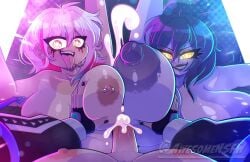 awesomensfw vtuber vtuberfanart virtual_youtuber melody_(projektmelody) fefe_(vtuber) vexoria_the_sun_eater paizuri double_paizuri 3girls 2girls 1futa tan_skin tan_lines nipple_piercing white_hair black_hair multicolored_hair breasts big_breasts huge_breasts purple_skin yellow_eyes cum cum_on_breasts tongue tongue_out tongue_piercing pov lipstick eye_contact