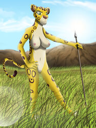 alpha_rain anthro breasts clitoris clothing disney feline female fuli hunting lens_flare mammal melee_weapon nipples nude polearm pussy spear the_lion_guard the_lion_king tribal weapon