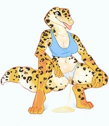 blush cleavage clothed clothing crouching female fivel leopard_gecko lizard midriff panties peeing reptile scalie solo striped striped_panties tongue tongue_out underwear urine