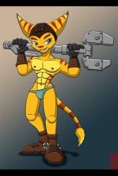 1boy anthro bulge gay gradient_background green_eyes kyouryuu lowres male male_only muscular nipples ratchet_(ratchet_and_clank) ratchet_and_clank simple_background solo video_games wrench yaoi