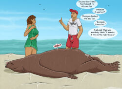 2026 after_sex ambient_bird animal_genitalia aquatic baseball_cap beach bestiality bodily_fluids brown_hair clothed clothing covering cum cum_from_vagina cum_in_vagina cum_inside dialogue english_text feet female female_human feral feral_pred fully_clothed fully_inside fully_sheathed genital_fluids genitals group hair hat headgear headwear hi_res human lying male male_feral male_human male_pred mammal membrane_(anatomy) nude on_back pinniped profanity sand sea sea_lion sheath speech_bubble strega text toes tongue tongue_out towel towel_only trio vore vulva water wearing_towel webbed_feet