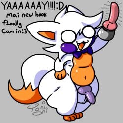3_fingers 3_toes animal_humanoid balls blush blush_stickers bow_tie canid canid_humanoid canine canine_humanoid cat_smile dildo english_text feet fingers five_nights_at_freddy's five_nights_at_freddy's_world five_nights_at_frickbears fox fox_humanoid fur genitals grey_background happy hook hook_hand humanoid knot knotted_dildo knotted_penis lolbit_(fnaf) lolbit_(frickbears) male mammal mammal_humanoid multicolored_body multicolored_fur no_pupils open_mouth orange_body orange_fur orange_tongue paws penis scottgames sex_toy signature simple_background solo tail text thick_thighs toes tongue toni_oni two_tone_body two_tone_fur white_body white_fur