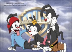 abstract_background animaniacs bondage bound clothing cum dot_warner english_text fellatio female flower foxychris group group_sex incest logo male mammal no_underwear oral penis pussy rope sex skirt sloppy_sidweways text threesome tongue tongue_out wakko_warner warner_brothers yakko_warner young