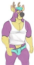 antlers black_fur blue_hair briefs bulge cervine clothing colored deer fur hair horn horrorbuns looking_at_viewer male male_only mammal multicolored_fur nude pink_eyes purple_fur shirt simple_background solo tan_fur tank_top teasing underwear underwear_pull white_background