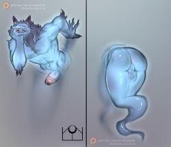 abs anthro anus balls blizzard_entertainment canid errokioslem full-length_portrait genitals ghost ghost_tail hi_res humanoid_genitalia humanoid_penis male mammal open_mouth penis portrait rear_view simple_background solo spirit stuck teeth_showing warcraft werecanid werecreature worgen