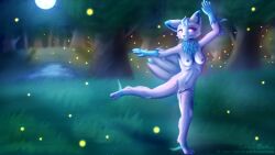 16:9 4k absurd_res anthro arthropod beetle belt big_ears blue_body blue_fur bodily_fluids breasts chest_tuft collar dancing detailed_background digit_ring digital_media_(artwork) digital_painting_(artwork) eeveelution elateroid espeon female firefly flower_tail fluffy fluffy_belly forest forest_background fur generation_2_pokemon genital_fluids genitals glowing glowing_eyes grass grass_field happy head_gem head_tuft heart_tag hi_res hybrid insect jewelry lake lewxen light looking_away moonlight night nintendo nipples nude painting_(artwork) paws pink_body pink_fur plant pokemon pokemon_(species) purple_eyes ring sky solo star starry_sky stellaamoris tree tuft vaginal_fluids veo_(st3veo) vulva wallpaper wedding_ring widescreen