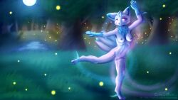 16:9 4k absurd_res anthro arthropod beetle belt big_ears blue_body blue_fur bodily_fluids breasts chest_tuft collar dancing detailed_background digit_ring digital_media_(artwork) digital_painting_(artwork) eeveelution elateroid espeon female firefly flower_tail fluffy fluffy_belly forest forest_background fur generation_2_pokemon genital_fluids genitals glowing glowing_eyes grass grass_field happy head_gem head_tuft heart_tag hi_res hybrid insect jewelry lake lewxen light looking_away magic moonlight night nintendo nipples nude painting_(artwork) paws pink_body pink_fur plant pokemon pokemon_(species) purple_eyes ring sky solo star starry_sky stellaamoris tree tuft vaginal_fluids veo_(st3veo) vulva wallpaper wedding_ring widescreen