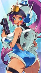 life_is_pi 1girls alternate_costume alternate_hairstyle antennae ass backboob blue_eyes blue_leotard boots breasts cameltoe female female_only gloves gun highres holding_gun leotard long_eyebrows long_hair looking_at_viewer mighty_switch_force patricia_wagon patricia_wagon_(cosplay) police police_uniform policewoman purple_hair shantae shantae_(character) smooth_skin solo uniform visor_cap