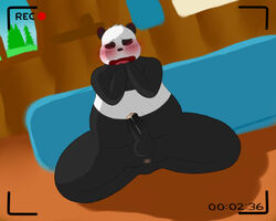 anthro anus balls bear blush camera_view closed_eyes embarrassed erection jakewoolson2014 male male_only mammal nude panda panda_(character) penis precum recording solo spread_legs spreading thick_thighs we_bare_bears