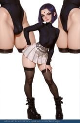 1boy 1girl ai-created ai_art ai_assisted ai_generated belt black_footwear black_leotard black_thighhighs boichego boots bulge closed_mouth contrapposto femboy forehead full_body genderswap genderswap_(ftm) high_heels highleg highleg_leotard jewel leotard lips long_sleeves looking_at_viewer male_focus miniskirt multiple_views otoko_no_ko platform_footwear platform_heels pleated_skirt purple_eyes purple_hair raven_(dc) short_hair simple_background skindentation skirt smile standing teen_titans thighhighs thighs white_background white_skirt