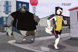 3:2 anthro ball_in_mouth bdsm beard belly belly_overhang belly_peek big_belly big_moobs body_hair bottomwear canid canine canis clothing collar domestic_dog duo english_text facial_hair fluffy fluffy_tail happy_trail male mammal moobs navel_outline out_of_breath outside overweight overweight_male petplay puppyplay road roleplay shirt shorts slim_male smile stop_sign tail tail_motion tailwag tank_top tcw text topwear url walking weight_difference wolf