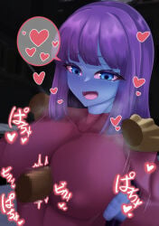 1boy 1girls :d aquila_(aquila_and_teren) aquila_and_teren blue_body blue_eyes blue_skin breast_squeeze breasts breath censored cleavage clothed_paizuri colored_sclera colored_skin dark-skinned_male female hearts holding_shoulders huge_breasts kurarika large_breasts long_hair male meldes monster_girl motion motion_blur motion_lines night nipple_bulge nipples nipples_visible_through_clothing open_mouth outdoors outside paizuri paizuri_over_clothes penis perpendicular_paizuri pink_sclera purple_hair sidelocks smile spoken_heart steam sweat