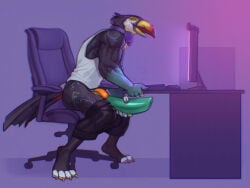 animal_genitalia animal_penis anthro avian beak biceps big_penis bird bottomwear bottomwear_down chair clothed clothing computer danelaxy_(artist) desk digital_media_(artwork) electronics erection eyes_closed feathers feet fingers furniture gay gay_masturbation genitals hand_on_penis hi_res looking_pleasured male male_focus male_only masturbation muscular muscular_anthro muscular_male open_beak open_mouth partially_clothed penile penile_masturbation penis shirt shorts shorts_down sitting smile solo table tail tail_feathers tank_top toes topwear toucan