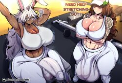 2026 2futa abs ai_generated animal_ears arm_tattoo armpits arms_up breasts brown_hair bulge cleavage comic comic_page comic_panel covered_penis crossed_arms dark-skinned_futa dark_skin english_text erection erection_under_clothes exercise futa_only futanari gym hat huge_breasts huge_penis huge_testicles long_hair luma_(lumarabbit) lumarabbit multiple_futa muscular muscular_futa navel pants patreon_username penis rabbit_ears rabbit_girl red_eyes sports_bra stretching tattoo testicles thick_thighs watermark white_hair white_pants white_sports_bra