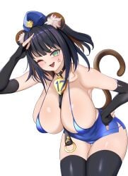 1girls angry animal_ears black_hair blush boobs brown_hair collar crouching dress female female_only fringe gloves green_eyes hand_on_hip hat hi_res huge_breasts k9-17_"ripper" k9_(yu-gi-oh!) k9_-_#17_izuna konami large_breasts light_skin looking_at_viewer necklace office_lady one_eye_closed open_mouth police police_hat pose salute shyneetoji simple_background smile solo standing tie weasel_girl white_background yu-gi-oh! ;d underwear blue_underwear full_body legwear