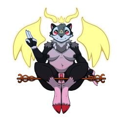 absurd_res anthro belly bovid breasts caprine caprine_demon clothing crown deity demon female goat goat_demon headgear hi_res hooves horn hybrid legwear mammal occult_symbol procyonid raccoon razzy_(m0rbidm0x) slightly_chubby solo symbol thigh_highs wings yamgler