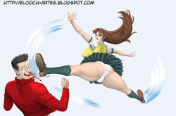 1girl1boy aggressors_of_dark_kombat blood_splatter brown_eyes brown_hair green_eyes joe_kusanagi jump_kick jumping kicking kisarah_westfield neo_geo_battle_coliseum panties pantyshot pantyshot_(kicking) red_hair school_uniform schoolgirl snk underwear upskirt white_panties white_underwear