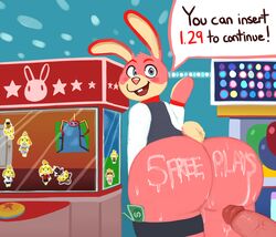 animal_crossing arcade ass badge baito blue_eyes blush bunny bunny_ears bunny_tail clothed clothes cock cum cum_on_ass dick erection gay hicanyoumooforme isabelle_(animal_crossing) lagomorph male mammal money nintendo nintendo_badge_arcade penis pink_skin rabbit shirt_only text yaoi