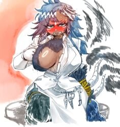 1girls big_breasts black_body blue_eyes blue_hair blush blush_lines blushing blushing_at_viewer blushing_female blushing_profusely breasts breasts_out brown_body dark-skinned_female female female_focus female_only fur fur_on_chest limbus_company looking_at_viewer project_moon rufo_(limbus_company) showing_breasts showing_off solo solo_female solo_focus tagme tail tail_wagging tailwag udiedguy unbuttoned unbuttoned_shirt
