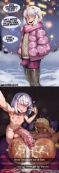 1boy 2koma after_anal after_sex ai_generated anus ass bite bite_mark bite_mark_on_breast blonde_hair blush boy_on_top bulge bulge_through_clothing bulge_under_clothes cheating cheating_female cheating_girlfriend comic completely_nude condom covered_testicles covering_face covering_own_eyes crossdressing cum cum_in_ass cum_pool cumdrip dark-skinned_sub dark_skin donbeboys earrings english_text erection excessive_cum femboy femboy_on_female femboydom grin hair_ornament hairclip heart hetero huge_bulge huge_penis instant_loss jacket large_penis looking_at_viewer lying makeup male_focus mating_press netorare nipples ntr nude on_back open_mouth otoko_no_ko pantyhose peace_sign penis pink_eyes pink_jacket purple_eyes scarf selfie sexting short_hair shorts slap slap_mark smile smug snapchat snow snowing speech_bubble stella_(donbeboys) tease teasing teasing_viewer teeth testicles trap uncensored used_condom v white_hair wink