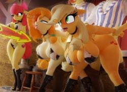 3d_(artwork) 3girls absurd_res anthro apple_bloom_(mlp) applejack_(mlp) big_breasts bikini blender_(artwork) bovid_horn bovine_horn clothing cow_horn cow_print digital_media_(artwork) english_text equid equine female flam_(mlp) flim_(mlp) friendship_is_magic group hasbro hi_res hooves-art horn horse male male/female mammal my_little_pony pear_butter_(mlp) pony prison_guard_position sex swimwear text thick_thighs two-piece_swimsuit