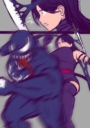 1girls 2boys ass_cleavage big_ass big_breasts bodysuit breasts conjugal_slavery heroine highres katana leotard long_hair marvel marvel_comics psylocke purple_hair red_sash sanmandrill sash sheath sole_female superheroine surprised surprised_expression sword tentacle thick_thighs venom venom_(marvel) x-men