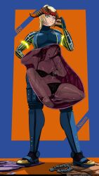 saintshevron bel_(beltorchika12) beltorchika12 blonde_hair naomi_(naomiluvsu) blonde_female blue_eyes blue_bodysuit bodysuit headgear vore female female_only female_pred female_prey willing_pred regret regretful_prey post-nut_clarity same_size_vore eating burger internal_view lingerie sequence vore_belly