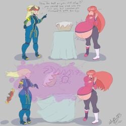 bel_(beltorchika12) belch belching beltorchika12 big_belly blonde blonde_female blue_bodysuit bodysuit bottom_heavy burping failed_assassination failed_attempt female food july_(julyfiressb) julyfiressb multicolored_hair oc pink_hair poison poison_gas poisoning rapid_digestion red_hair sequence simple_background stuffing thick_thighs vore_comic