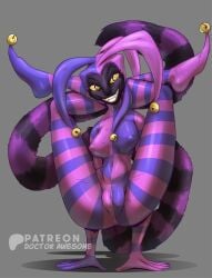 absurd_res anthro_anthrofied bell bodysuit breasts camel_toe clothing clown contortionism fanart_friday female flexible form_fitting genitals grin grinning_at_viewer harlequinn hi_res jester jingle_bell lemur mammal nsfw pin-up_poster pinup pose pretzel_position primate skinsuit smile smiling_at_viewer standing_on_hands strepsirrhine tight_clothing vulva