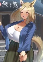 blonde_hair breasts female hair smoke_klll umamusume