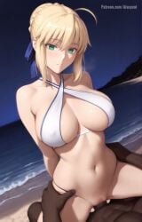 1girls 1boy ai_generated aisuyuni dark-skinned_male ntr netorare cuckold cuckolding blacked cheating cheating_wife cheating_girlfriend cheating_female interracial saber artoria_pendragon blonde_hair green_eyes breasts beach sea night interracial_sex grabbing_hips swimsuit bikini vaginal_penetration vaginal_sex fate_(series) fate/grand_order fate/stay_night big_breasts large_breasts ribbon