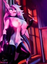 3d absurd_res anthro canid canine canis cigarette domestic_dog female genitals gun hellaverse helluva_boss hi_res loona_(helluva_boss) mammal ranged_weapon rodablas solo weapon