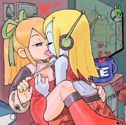 blonde_hair capcom cave_story crossover curly_brace flat_chest flat_chested heart-shaped_pupils holding_hands kiss kissing mega_man mega_man_(classic) mega_man_8 nipples petite rexuranus robot robot_girl robot_humanoid rockman roll yellow_hair yuri