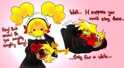 devesto_(die_of_death) devesto mequot mequot_(die_of_death) die_of_death_(roblox) die_of_death large_breasts basslapping clinging chibi small_creature pigtails dialogue cute nestling yellow_body wound chest_wound