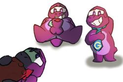 anthro balls butt clothed clothing dinosaur duo gameoverse gay genitals glitch_productions gobbles_(gameoverse) hi_res male male/male male_only nude oral out_of_frame penis pink_body prehistoric_species reptile scalie shaded simple_background sirunfurr smile smiling_at_viewer solo text