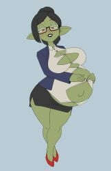 almeram02 blush clothed clothing flat_colors glasses goblin green_skin hand_on_belly hands_on_belly lipstick pregnant pregnant_belly smile