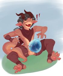 absurd_res anthro bodily_fluids cum duo ejaculation frank22young genital_fluids hi_res kobold male pawpads paws scalie sitting sitting_on_ground slime slime_(blob) slime_penetrated surprised