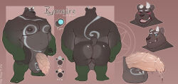animal_genitalia anthro ball_tattoo balls barazoku bear big_balls big_butt big_muscles big_nipples big_pecs big_penis blush bodily_fluids body_hair broken_horn butt butt_hair chest_hair demon english_text foreskin genital_fluids genital_tattoo genitals hi_res horn huge_balls huge_penis leaking_precum leg_markings male mammal markings model_sheet musclegut muscular muscular_arms muscular_male nipples nub_tail pecs penis precum sheath smile socks_(marking) solo spiral tattoo text tilionmaia