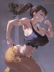 1girls ai_generated big_ass black_hair enen_no_shouboutai female fire_force from_side marshalperv motion_lines muscular_female oze_maki pants pervmarshal ponytail running shiny_skin sweat thick_thighs