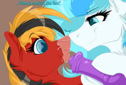 2015 blue_eyes boop colarix colarix_(oc) dildo duo english_text equine fan_character female feral friendship_is_magic fur hair mammal multicolored_hair my_little_pony nude pussy_juice red_fur sex_toy smirk teal_eyes teal_hair text two_tone_hair twotail_(oc) white_fur yuri