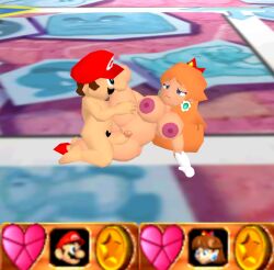 1boy 1girl blue_eyes brown_hair censored crown earrings erection female gameplay_mechanics half-closed_eyes hat large_breasts low_poly lowpoly male male_pubic_hair mario mario_(series) mario_party nipples penis princess princess_daisy vagina
