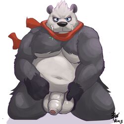 2015 anthro balls bandana bear biceps big_balls bin_(artist) chubby erection humanoid_penis kneeling looking_at_viewer male male_only mammal musclegut muscular nintendo nude panda pangoro penis pokemon scarf solo uncut video_games