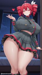 1girl ahoge ai_generated bangs bed black_skirt blush breasts buttons drill_hair hair_ribbon heart huge_breasts indoors kasane_teto looking_at_viewer nail_polish night night_sky pleated_skirt red_eyes red_hair red_nails ribbon skirt sky smile solo thick_thighs thighs twin_drills twintails utau vocaloid window