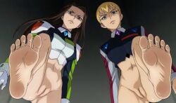 amane_kaunaq angry angry_face bare bare_legs bare_thighs barefoot blonde_hair bottomless bottomless_female brown_hair foot_fetish kiriko_masaki_jurai kirino long_hair long_sleeves looking_at_viewer pussy short_hair tenchi_muyo!_gxp uniform uniform_top