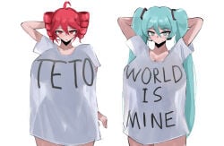 2girls ahoge alternate_breast_size aqua_eyes aqua_hair arms_behind_head arms_up bangs blush breasts cleavage clothed clothes_writing cowboy_shot curvy curvy_body curvy_female curvy_figure curvy_hips dot_mouth doubleuww1 drill_hair english_text girl_only hair_between_eyes hatsune_miku huge_breasts kasane_teto large_breasts long_hair looking_at_viewer meme multiple_girls naked_shirt red_eyes red_hair see-through_silhouette shirt short_sleeves simple_background smile t-shirt tagme teto twin_drills twintails twitter very_long_hair vocaloid white_background white_shirt
