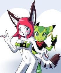 2015 anthro black_shirt blue_eyes blush breasts carol_tea clothed clothing covering covering_breasts duo feline female fingerless_gloves freedom_planet fur gloves goshaag green_eyes green_fur hair mammal navel nude pussy red_hair serval tongue tongue_out video_games white_fur whiteserval_(character) wildcat