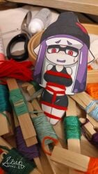 splatoon splatoon_(series) splatoon_2 splatoon_3 nintendo nintendo_switch inkling inkling_girl squid squid_girl squid_humanoid mollusk mollusk_humanoid cephalopod cephalopod_humanoid tentacle tentacles tentacle_hair pseudo_hair light-skinned_female red_eyes purple_hair shorts sports_bra beanie beanie_hat bondage rope_bondage long_hair clothing_pin scissors pointy_ears paper shin_arialente clothed_female embarrassed_female blushing
